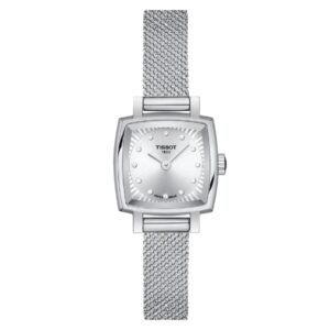 Questa è l'immagine frontale dell'orologio tissot lovely square con quadrante argento e cinturino in magli milano