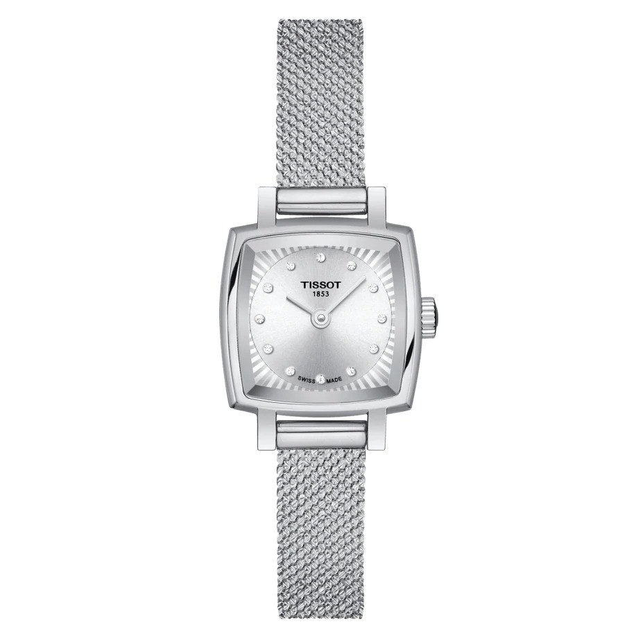 Questa è l'immagine frontale dell'orologio tissot lovely square con quadrante argento e cinturino in magli milano