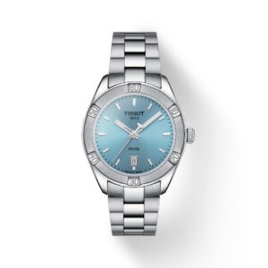 Questa è l'immagine frontale dell'orologio tissot pr 100 lady sport chic con il quadrante azzurro