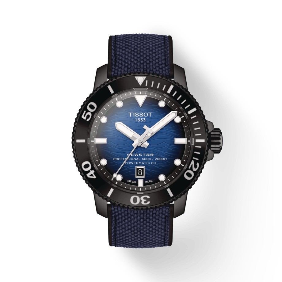 Questa è l'immagine frontale dell'orologio tissot seastar 2000 professional powermatic 80 con quadrantee blu e cinturino in tessuto blu
