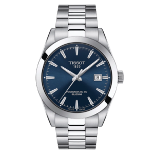 Questa è l'immagine frontale dell'orologio tissot gentleman powermatic 80 con quadrante blu e cinturino in acciaio