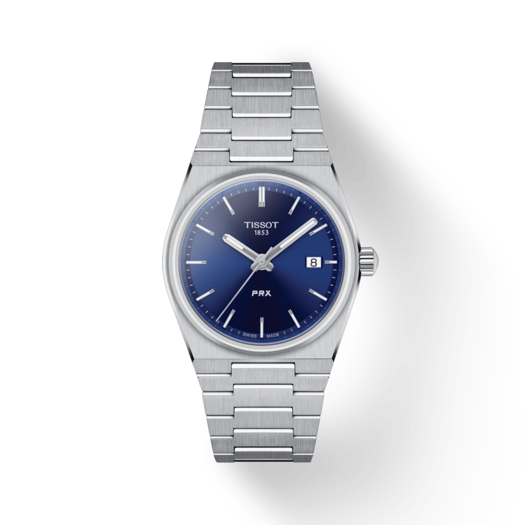 Questa è l'immagine frontale dell'orologio tissot prx 35 mm con quadrante blu e movimento al quarzo