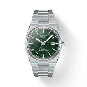 Questa è l'immagine frontale dell'orologio tissot prx powermatic 80 con quadrante verde