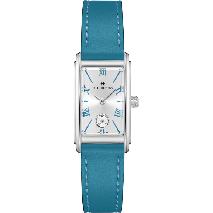 Questa è l'immagine frontale dell'orologio hamilton american classic ardmore lady con cinturino in pelle azzurro e quadrante argento