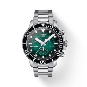 questa è l'immagine frontale dell'orologio Tissot Seastar Chrono con quadrante verde e cinturino acciaio e movimento al quarzo