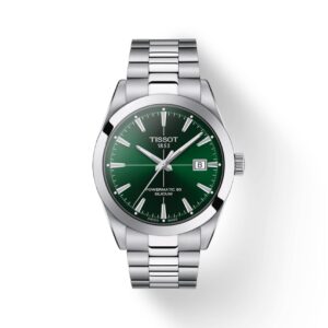 Questa è l'immagine frontale dell'orologio tissot gentleman powermatic 80 con quadrante verde