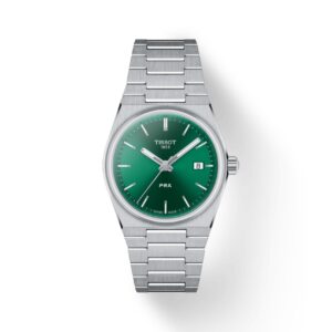 Questa è l'immagine frontale dell'orologio tissot prx con quadrante verde da 35 mm e movimento al quarzo