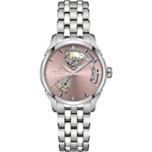 Questa è l'immagine frontale dell'orologio hamilton jazzmaster lady open heart con quadrante rosa e movimento automatico