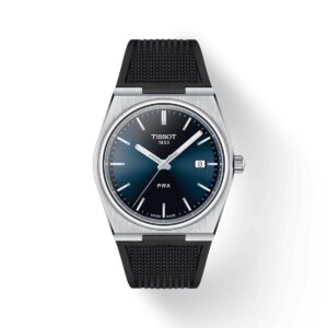Questa è l'immagine frontale dell'orologio tissot prx con quadrante blu e cinturino in pelle nero. presenta un movimento al quarzo