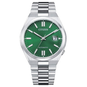 Questa è l'immagine frontale dell'orologio citizen tsuyosa collection con quadrante di colore verde e movimento automatico