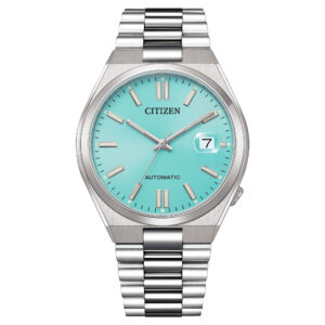 Questa è l'immagine frontale dell'orologio citizen tsuyosa collection con movimento automatico e quadrante azzurro