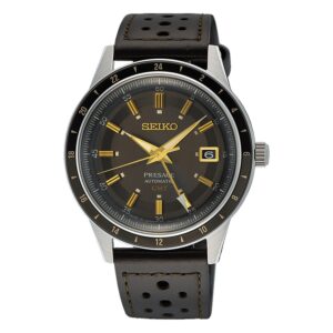 Questa è l'immagine frontale dell'orologio Presage 60's Style GMT Marrone e Oro con movimento automatico