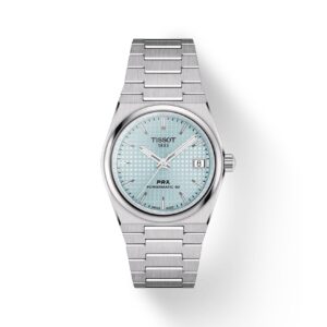 Questa è l'immagine frontale dell'orologio tissot prx powermatic 80 con quadrante da 35 mm e di colore blu ghiaccio