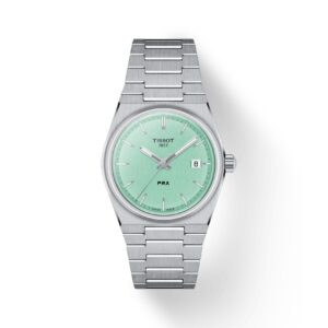 Questa è l'immagine frontale dell'orologio tissot prx light green con quadrnte da 35 mm e movimento al quarzo