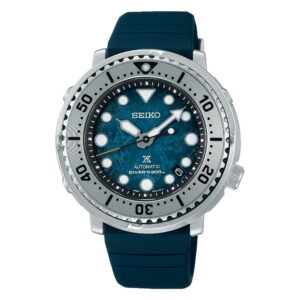 Questa è l'immagine frontale dell'orologio Seiko Prospex Save the ocean Antarctica Tuna blu automatico con cassa da 43.oo mm