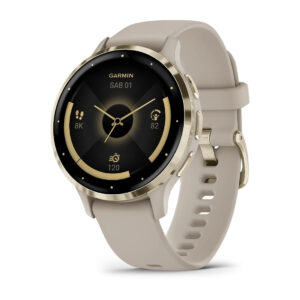 Questa è l'immagine frontale dell'orologio GARMIN Venu 3s French Gray Soft Gold con cinturino in silicone