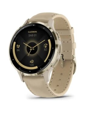 Questa è l'immagine frontale dell'orologio garmin Venu 3S French Gray & Soft Gold con cinturino in pelle.