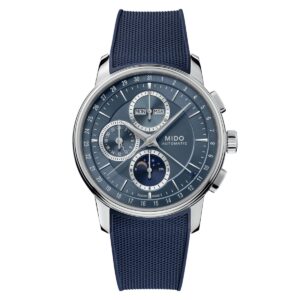 Questa è l'immagine frontale dell'orologio mido baroncelli Chronograph moonphase con quadrnte di colore blu e cinturino in silicone