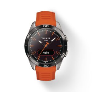 Questa è l'immagine frontale dell'orologio T-Touch Connect Sport con cinturino arancione