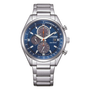 Questa è l'immagine frontale dell'orologio citizen of metropolitan vchrono con quadrnte di colore blu e movimento eco drive