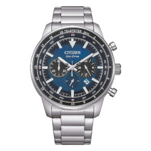 Questa è l'immagine frontale dell'orologio citizen of aviator chrono con quadrante di colore blu