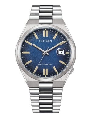 Questa è l'immagine frontale dell'orologio citizen tsuyosa collection con quadrante di colore blu e movimento automatico