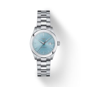 Questa è l'immagine frontale dell'orologio tissot t-my lady automatico con quadrante di colore azzurro di mm 29,3