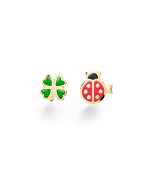 questa è l'immagine degli orecchini in oro 9 carati e smalto rosso e verde a forma di coccinella e quadrifoglio