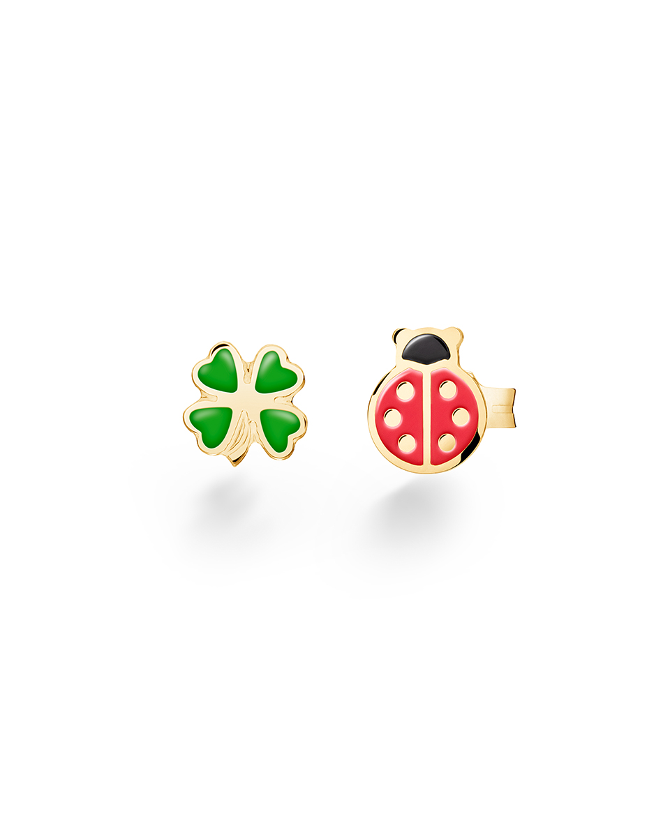 questa è l'immagine degli orecchini in oro 9 carati e smalto rosso e verde a forma di coccinella e quadrifoglio