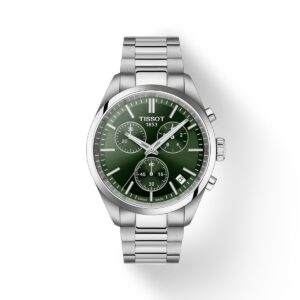 Questa è l'immagine frontale dell'orologio tissot pr 100 chronograph con quadrante verde di mm 40