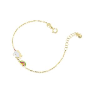 Questa è l'immagine frontale del bracciale di le bebe realizzato in oro 9 kt con unicorno e arcobaleno