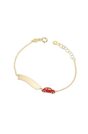 Questa è l'immagine frontale del bracciale primegioie di le bebe realizzato in oro 9 kt con targhetta e macchinina rossa