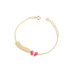 Questa è l'immagine frontale del bracciale primegioie di le bebe realizzato in oro giallo 9 kt con targhetta e fiocco