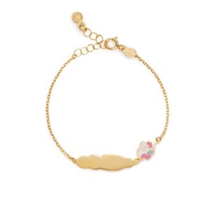 questa è l'immagine del braccialetto in oro 9 carati con unicorno smalto rosa e targhetta da incidere