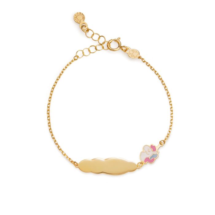 questa è l'immagine del braccialetto in oro 9 carati con unicorno smalto rosa e targhetta da incidere