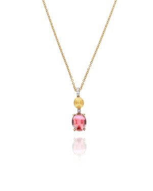 Questa è l'immagine frontale del girocollo in oro con diamanti e tormalina rosa della linea dancing tourmalines di nanis