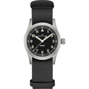 Questa è l'immagine frontale dell'orologio Hamilton Khaki field nero, con cassa da 33 mm