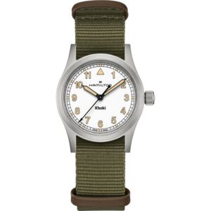 Questa è l'immagine frontale dell'orologio Hamilton Khaki field bianco/verde, con cassa da 33 mm