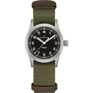 Questa è l'immagine frontale dell'orologio Hamilton Khaki field nero / verde, con cassa da 33 mm