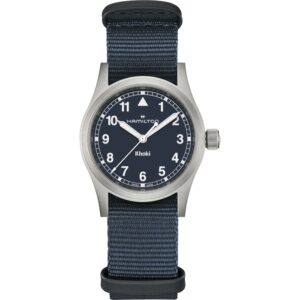 Questa è l'immagine frontale dell'orologio Hamilton Khaki field blu, con cassa da 33 mm