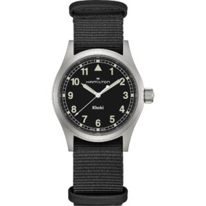 Questa è l'immagine frontale dell'orologio Hamilton Khaki field nero, con cassa da 38 mm