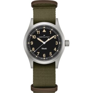 Questa è l'immagine frontale dell'orologio Hamilton Khaki field nero/verde, con cassa da 38 mm