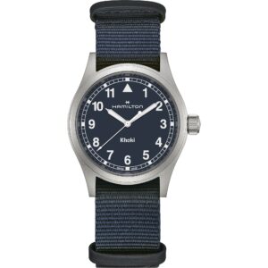 Questa è l'immagine frontale dell'orologio Hamilton Khaki field blu, con cassa da 38 mm