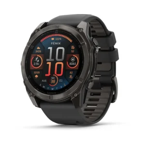 Questa è l'immagine frontale dell'orologio fenix 8 con schermo Sapphire AMOLED con cinturino in silicone Black/pebble grey e quadrante da 51 mm con schermo AMOLED