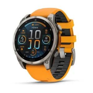 Questa è l'immagine frontale dell'orologio fenix 8 con schermo AMOLED con cinturino in silicone Spark Orange/grafite e quadrante da 47 mm con schermo AMOLED