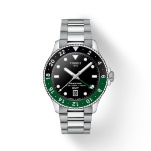 QUESTA è L'IMMAGINE FRONTALE DELL'OROLOGIO TISSOT T-SPORT GMT A QUADRANTE VERDE E NERO CON CASSA IN ACCIAIO DI MM 40