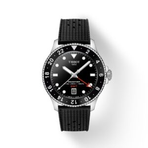 QUESTA è L'IMMAGINE FRONTALE DELL'OROLOGIO TISSOT T-SPORT GMT A QUADRANTE NERO CON CASSA IN ACCIAIO DI MM 40 E CINTURINO IN SILICONE