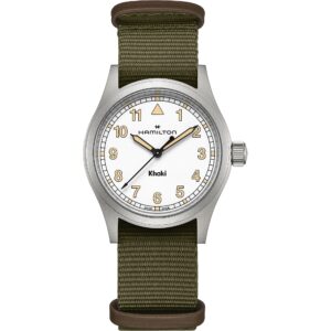 Questa è l'immagine frontale dell'orologio Hamilton Khaki field bianco/verde, con cassa da 38 mm