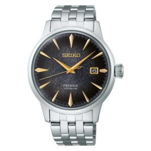 Questa è 'immagine frontale dell'orologio seiko presage cocktail star bar in edizione limitata con quadrante di mm 40 nero sfumato al grigio