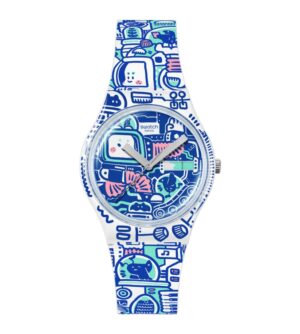 QUESTA è L'IMMAGINE DELL'OROLOGIO SWATCH DELLO STREET ARTIST BAO HO CASSA BIANCA STAMPA BLU SCURO